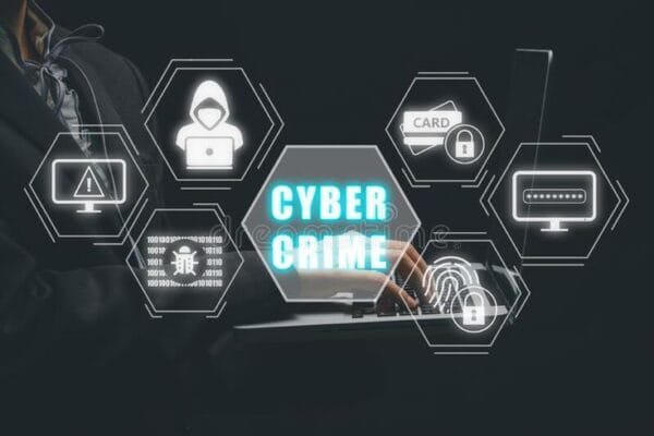 person hand typing on keyboard computer with cyber crime icon on virtual screen, big dat