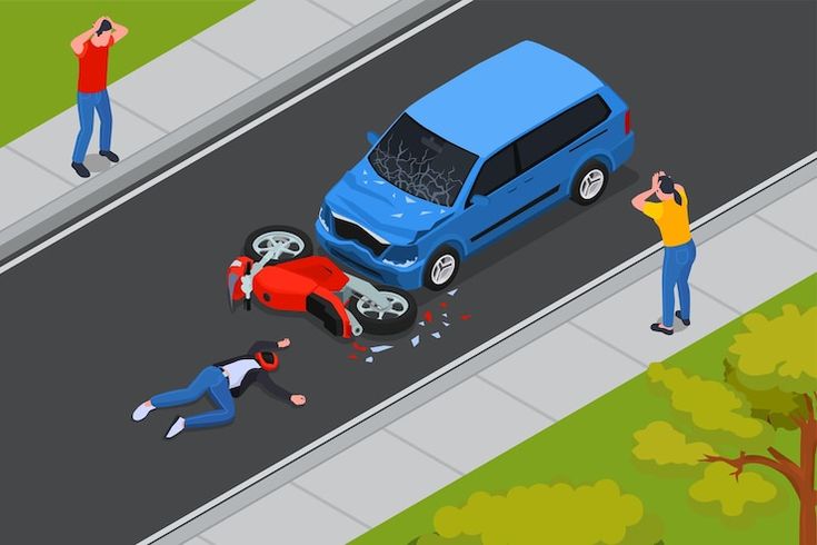 traffic accident isometric composition with crash between car and motorcycle injured motorcyclist on road bystanders vector illustration free vector