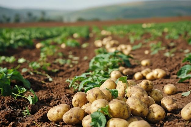 patatas recién excavadas en el suelo en un campo con agricultores cosechando más patatas en el fondo imagen premium generada con ia