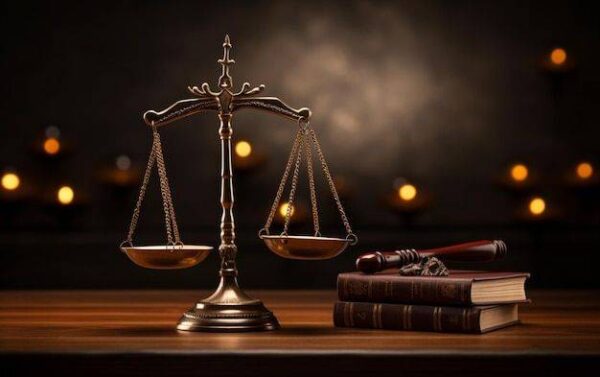 judiciary hammer with justice scales on a wooden table premium ai generated image