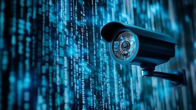 surveillance camera overlooking glowing binary code a symbol of security technology and digital information streams premium ai generated image