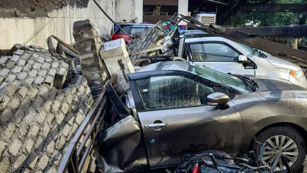 Pune Heavy Rain Damage: Compound Wall Collapse in Katraj Damages 14 Vehicles