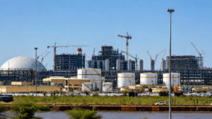 Pachpadra refinery complex is situated near Sambhara village in Rajasthan, with nearby development work showing the wider economic impact of the project. prime minister narendra modi