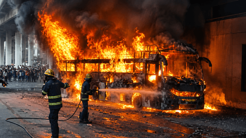 Massive Bus Fire Beneath Aarey Metro Station: Mumbai-Gujarat Intercity Bus Gutted, 7 Passengers Evacuated Safely